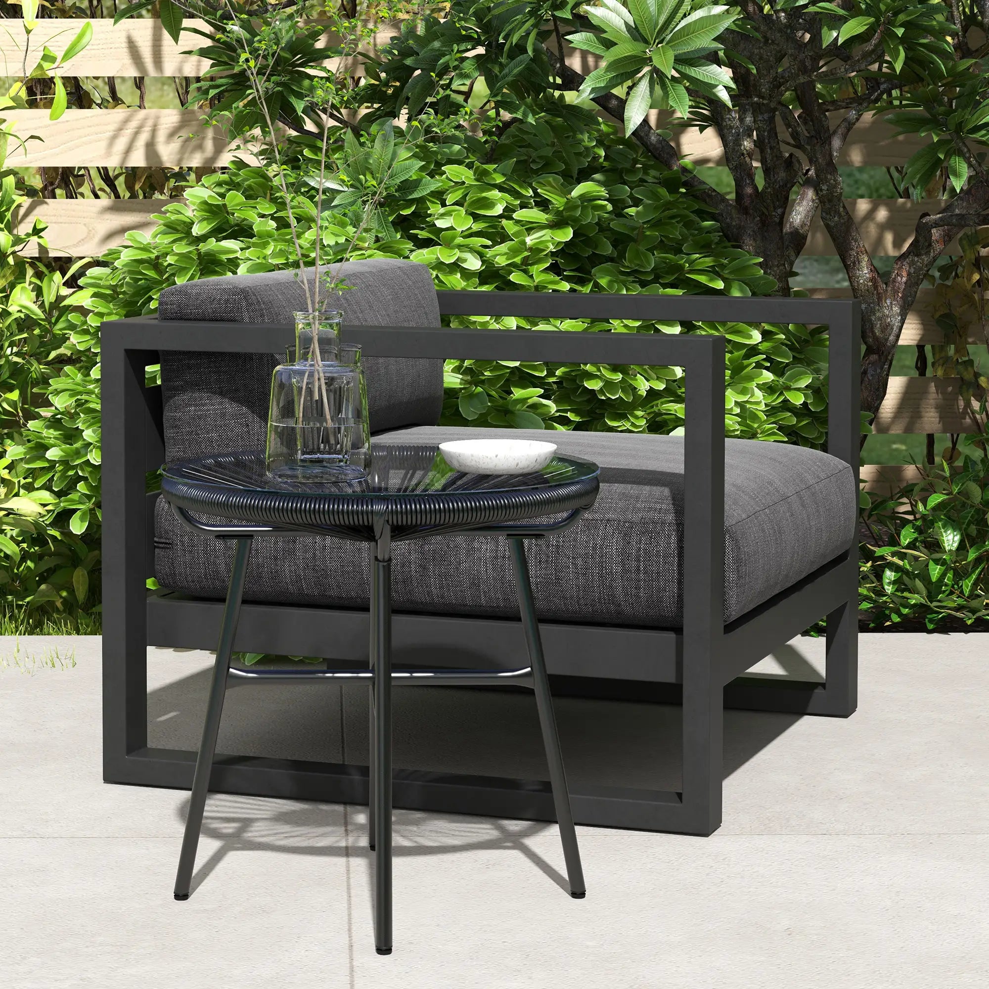 Round Rattan Side Table, Outdoor, PE Rattan, Tempered Glass Top, Black Patio Side Tables at Gallery Canada