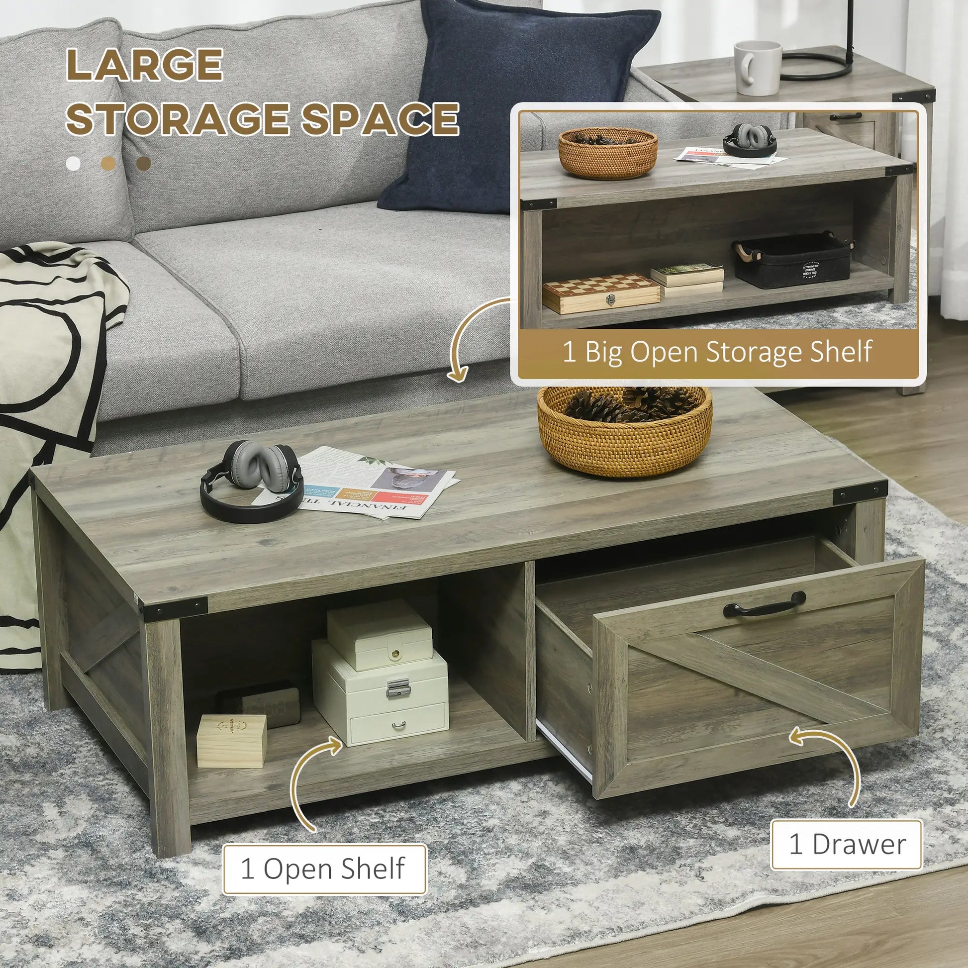 Farmhouse Coffee Table with Drawer, Storage Shelf, Grey Coffee Tables at Gallery Canada
