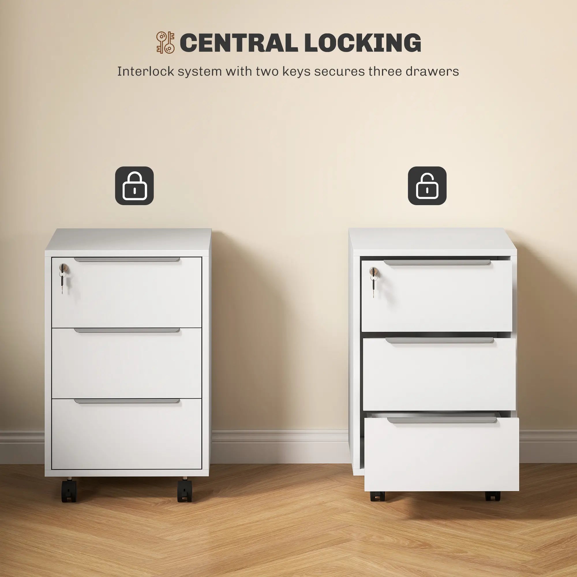 3-Drawer File Cabinet with Wheels, Vertical, Lock, White Office Cabinets & Cupboards at Gallery Canada