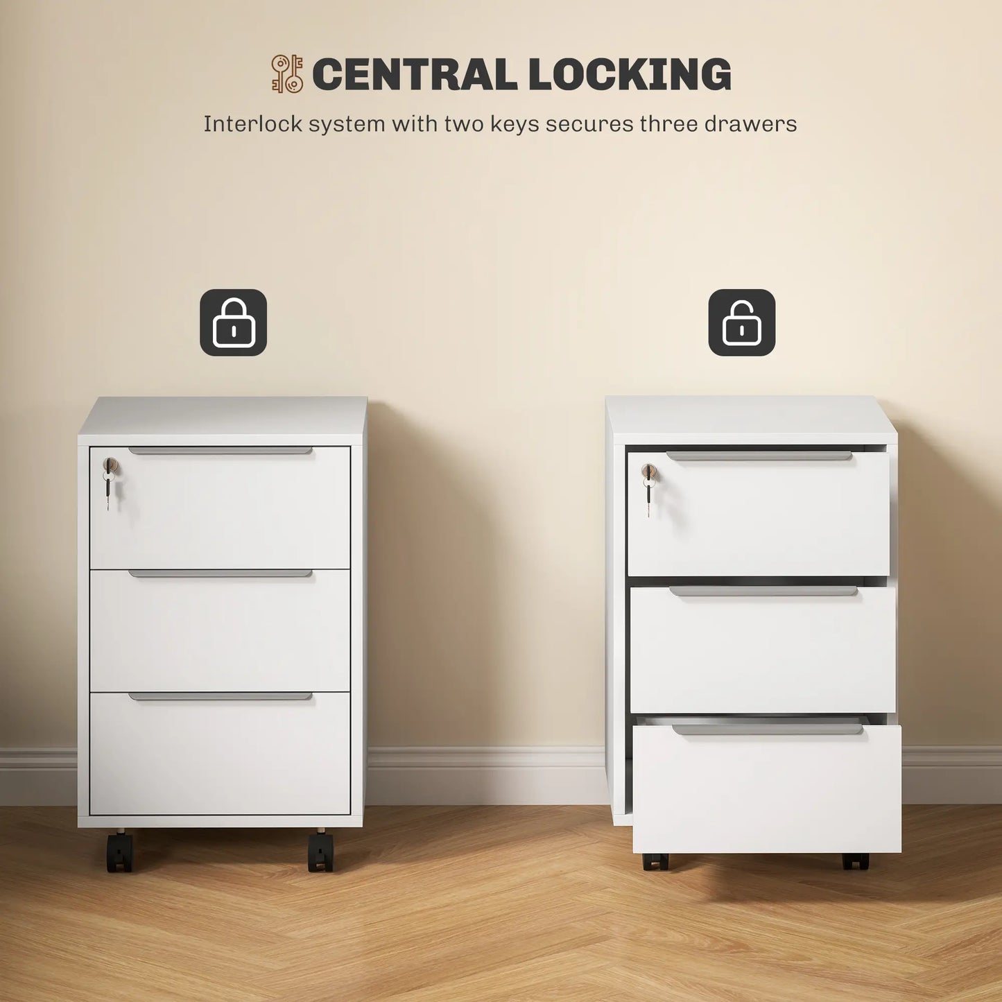 3-Drawer File Cabinet with Wheels, Vertical, Lock, White Office Cabinets & Cupboards at Gallery Canada