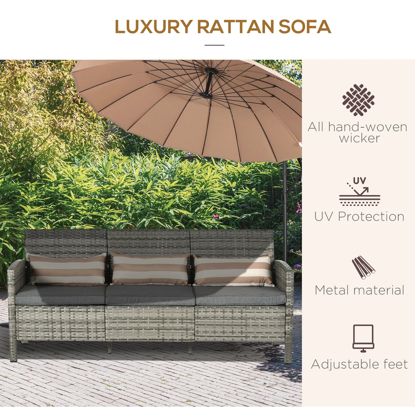 3-Seater Wicker Sofa, PE Rattan Outdoor Couch, Removable Cushions, Grey Patio Furniture Sets at Gallery Canada