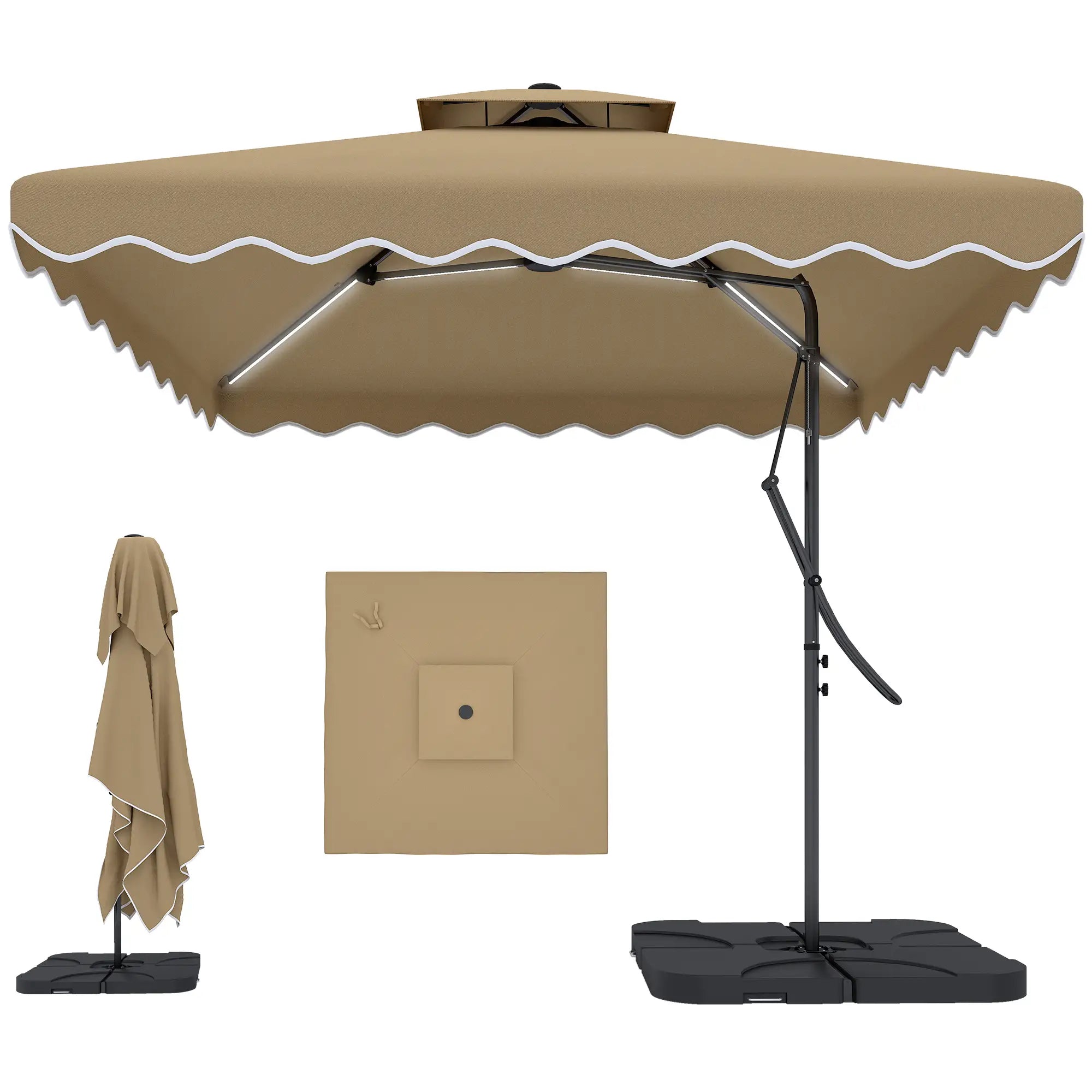 8' x 8' Square Patio Umbrella, Solar LED Lights, Khaki Cantilever Umbrellas Khaki at Gallery Canada