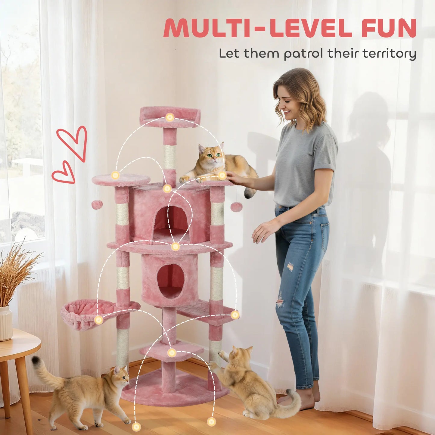 62" Cat Tree With Scratching Post, 2 Condos, Hammock, Pink