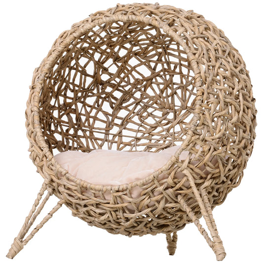 Rattan Cat House with Cushion, Elevated Wicker Kitten Bed, Natural Wood Cat Houses Natural at Gallery Canada