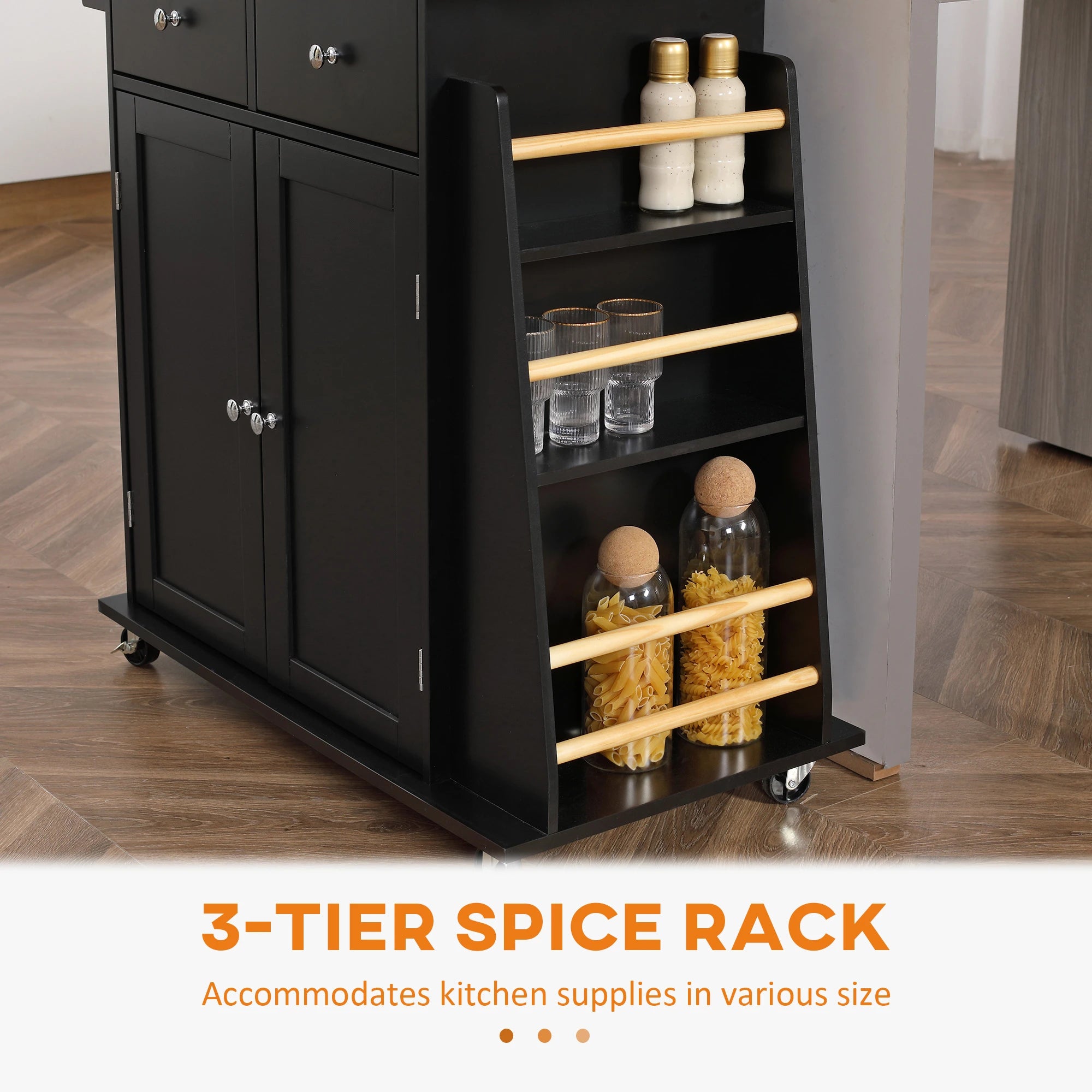 Rolling Kitchen Island Cart, Rubber Wood Top, 3-Tier Spice Rack, Black Kitchen Islands & Kitchen Carts at Gallery Canada