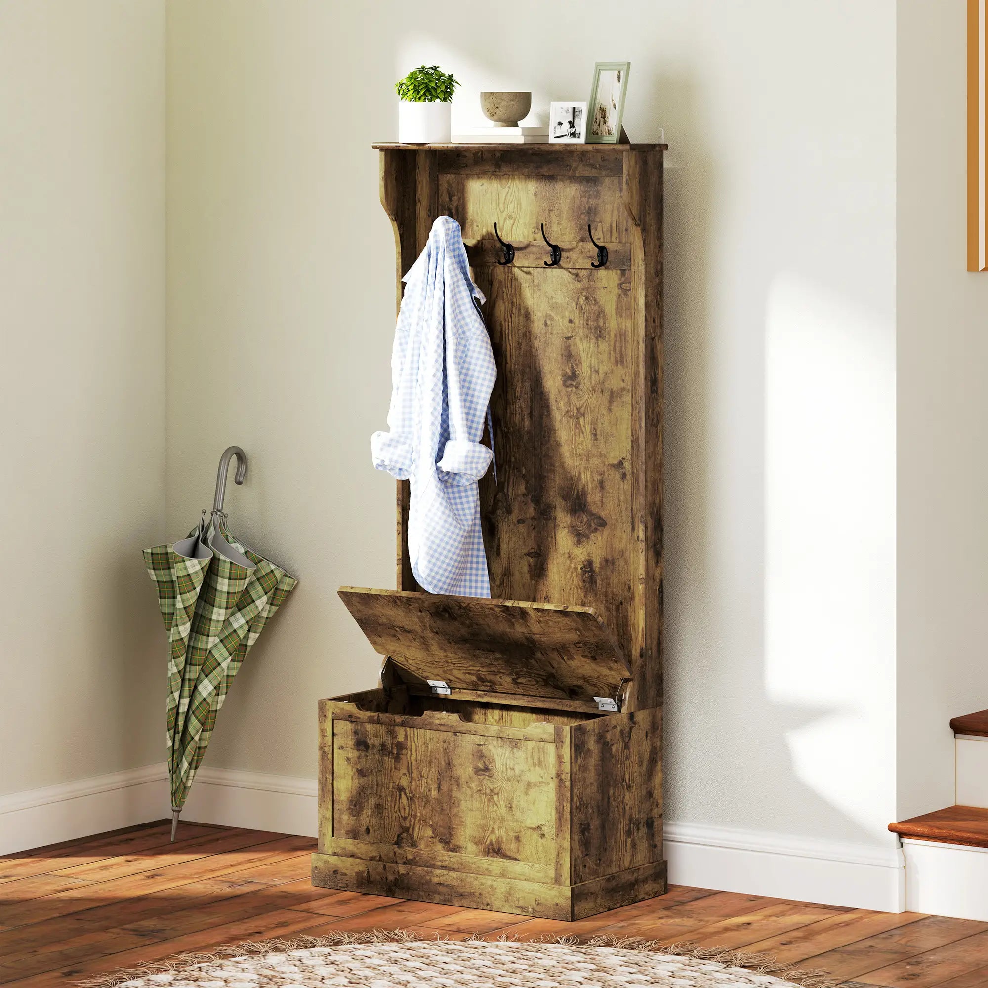 Hall Tree With Coat Rack, Shelf, Shoe Storage, Bench Seat, 4 Hooks, Rustic Brown Clothing Storage at Gallery Canada