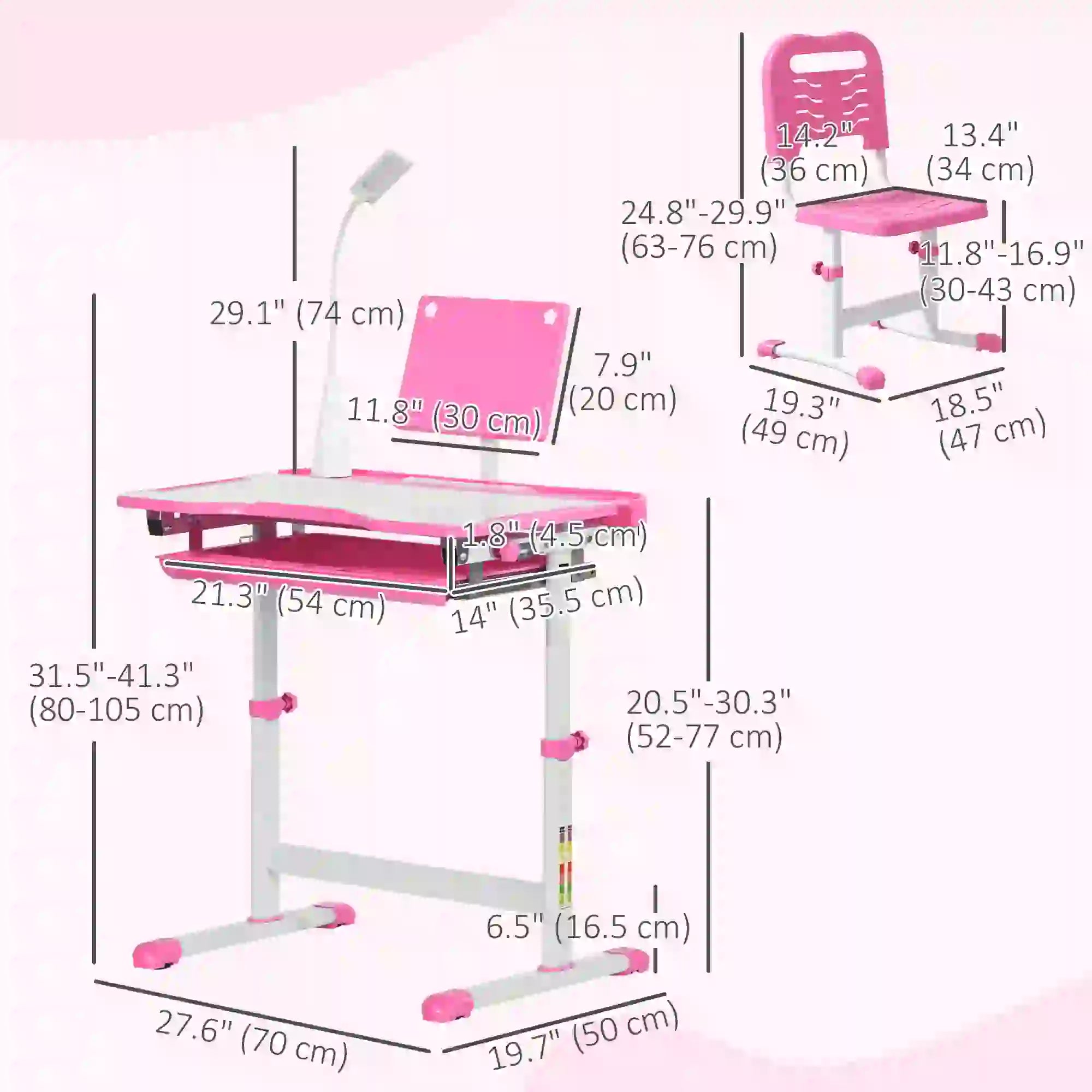 Kids Desk and Chair Set, Adjustable Height, Tilt Desktop, Pink Kids Desk Sets at Gallery Canada
