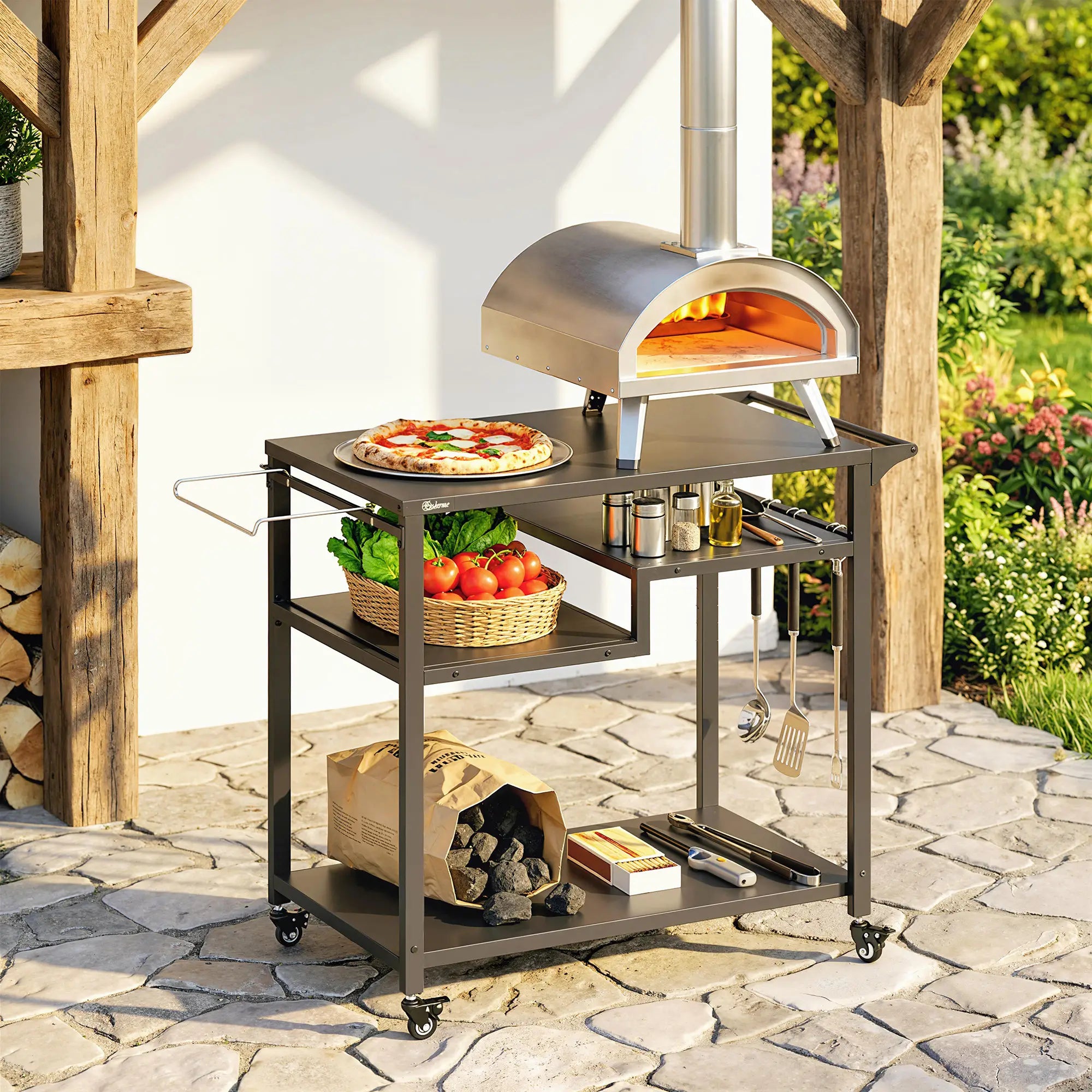 Outdoor Grill Cart, Three-Shelf Pizza Oven Stand With Hooks, Wheels, Black Outdoor Grill Carts at Gallery Canada