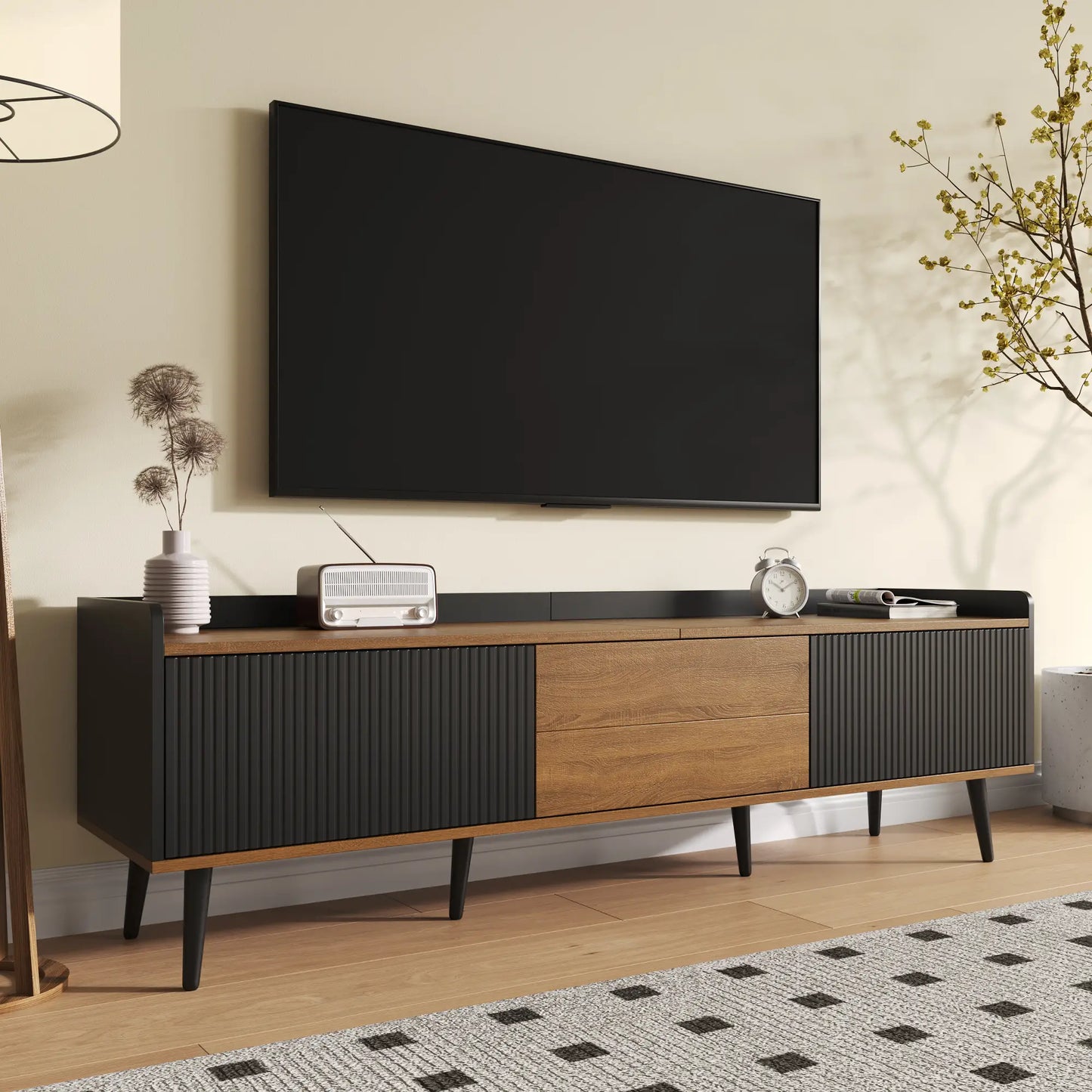 Three Door Stand, Raised Edge, Sturdy Wooden Legs, 63" L x 15.5" W x 19.5" H, Natural, Black TV Stands at Gallery Canada