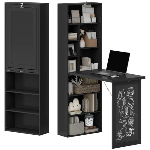 Fold-Out Convertible Office Desk, Wall Mount Computer Desk, Blackboard, Side Shelf, Black