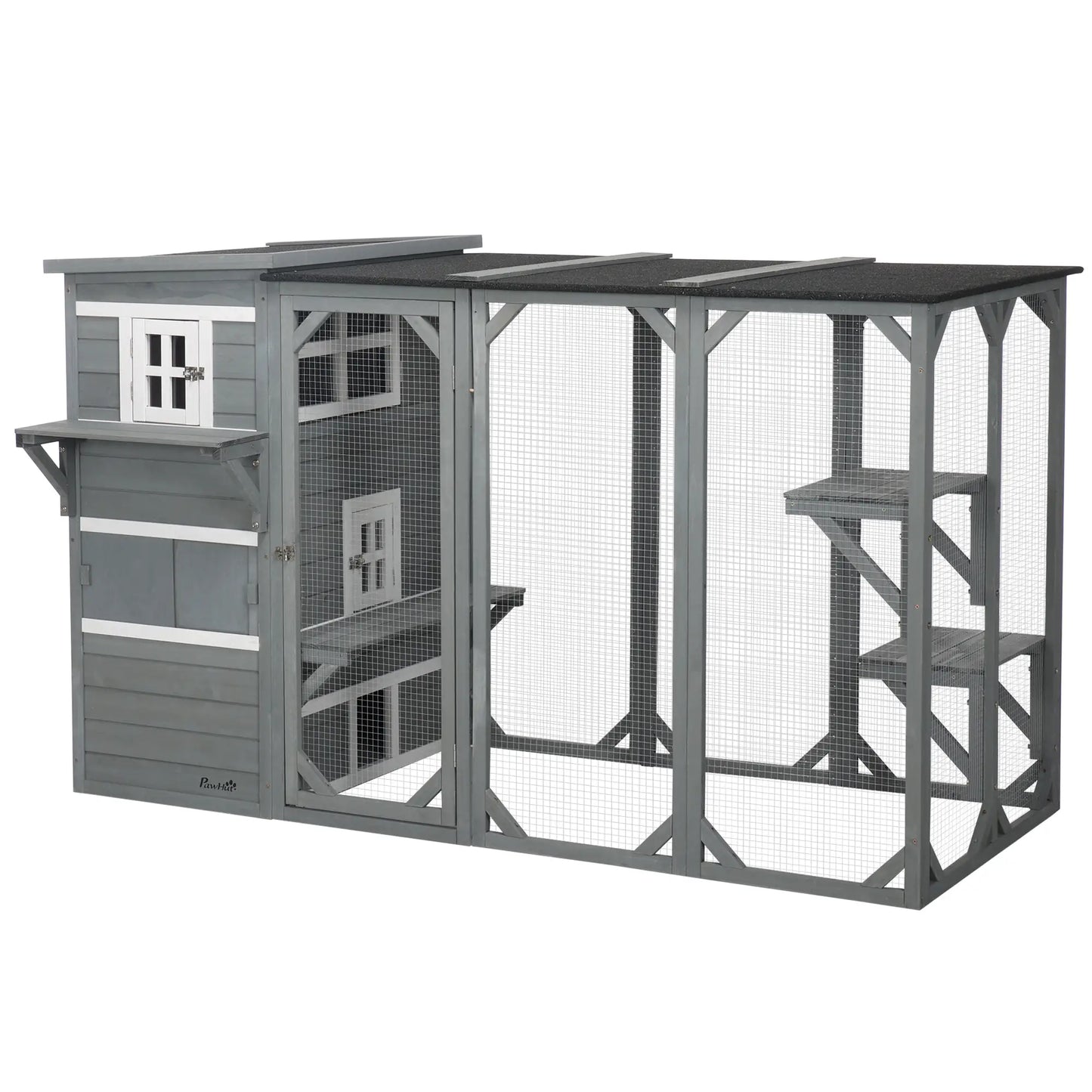 Wooden Cat Catio, 76"L Outdoor Cat House, Asphalt Roof, Light Grey Outdoor Cat Enclosures White, Light Grey, Black at Gallery Canada