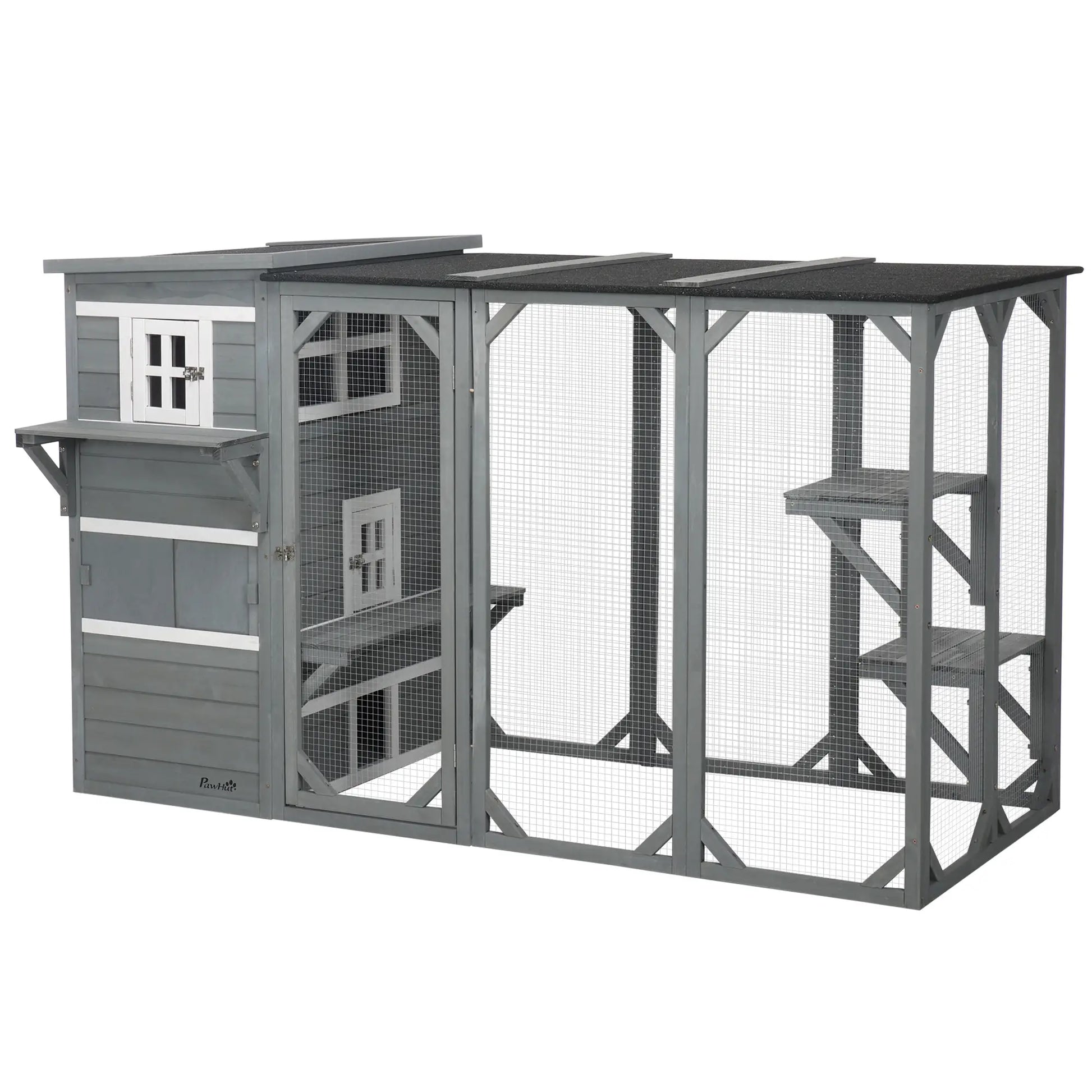 Wooden Cat Catio, 76"L Outdoor Cat House, Asphalt Roof, Light Grey Outdoor Cat Enclosures White, Light Grey, Black at Gallery Canada