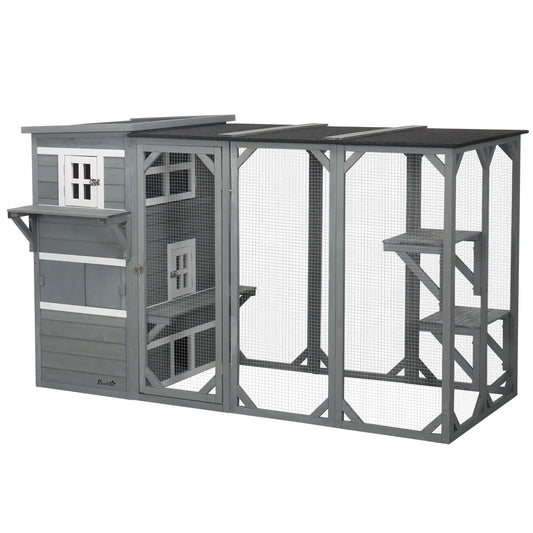 Wooden Cat Catio, 76"L Outdoor Cat House, Asphalt Roof, Light Grey Outdoor Cat Enclosures White, Light Grey, Black at Gallery Canada