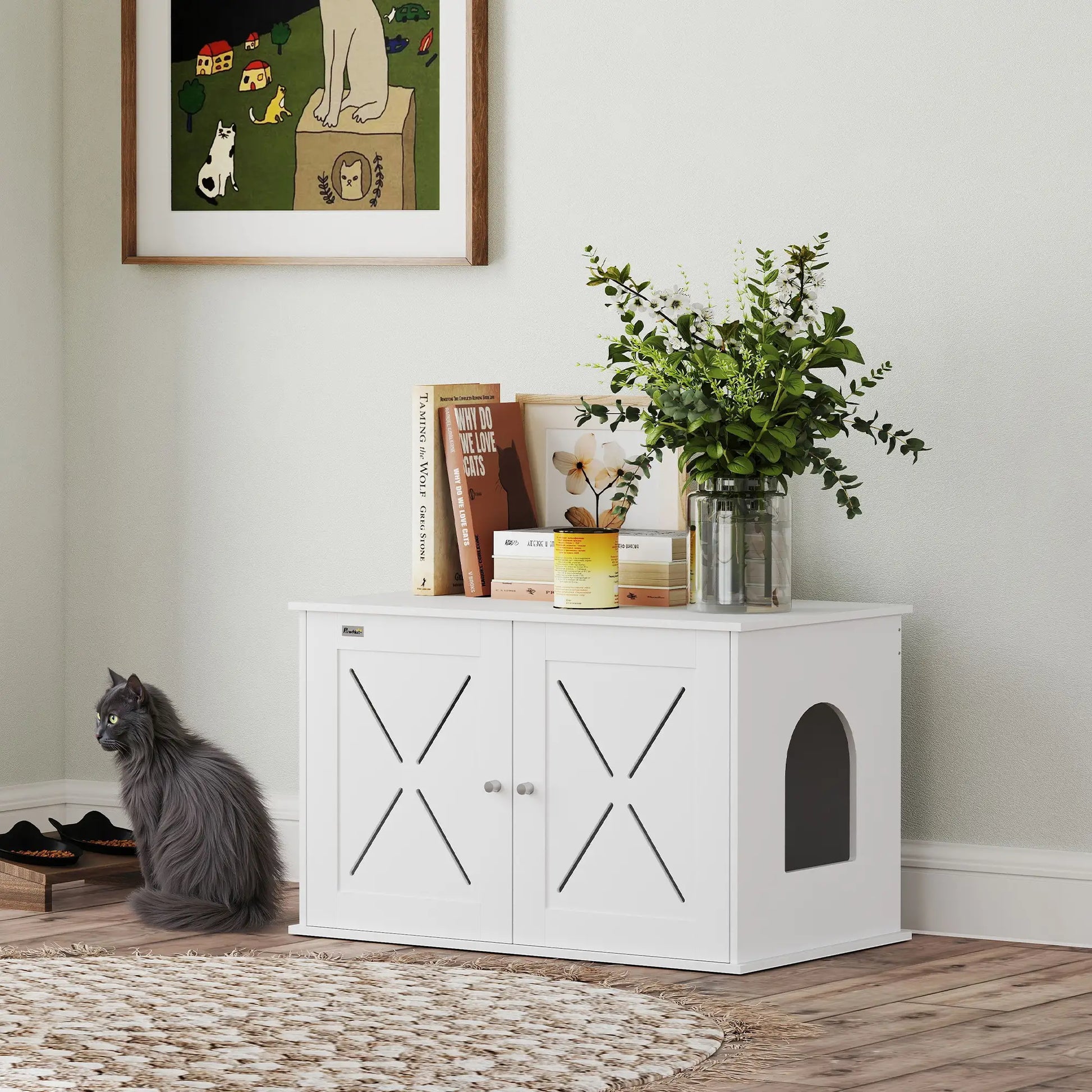 Hidden Cat Litter Box Enclosure, Double Doors, Hole, 31.5" x 19" x 20", White Cat Litter Box Enclosures at Gallery Canada