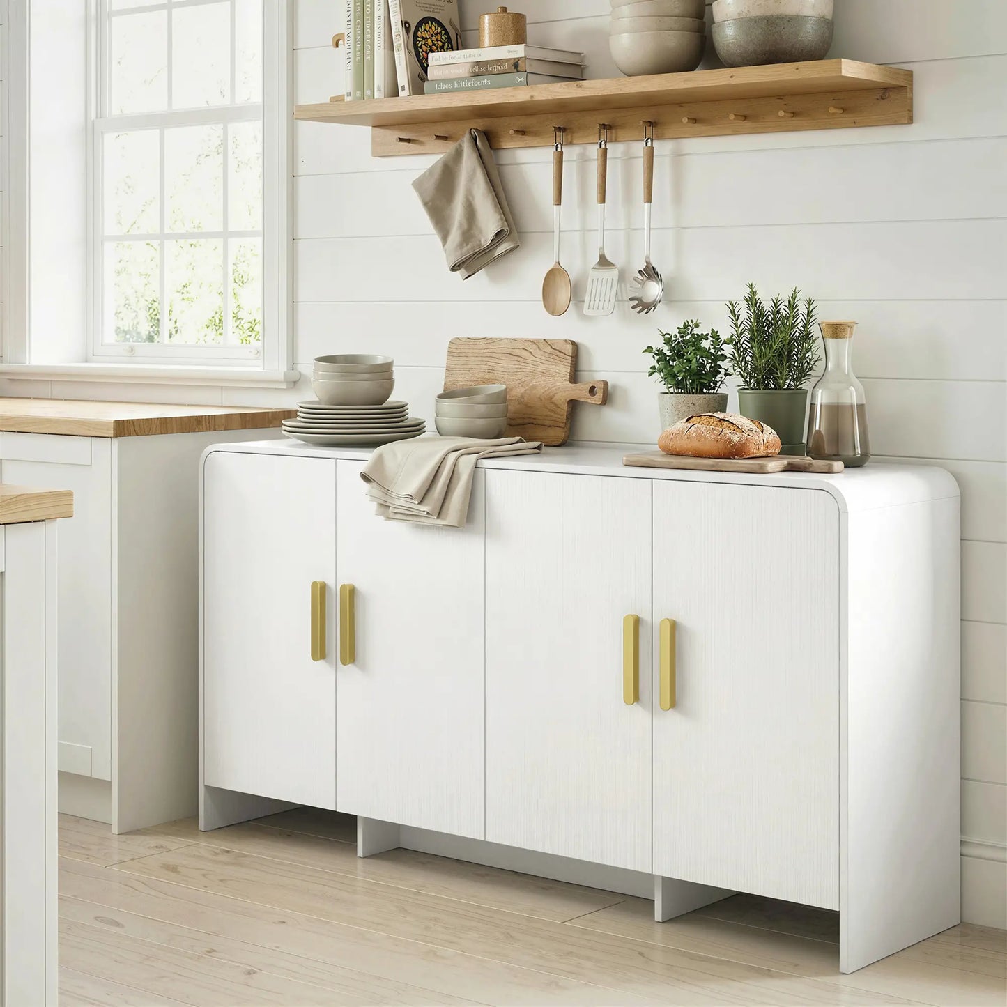 60 Inch Sideboard Buffet Cabinet, TV Stand For 72 Inch TVs, White Wood Grain, White Bar Cabinets at Gallery Canada
