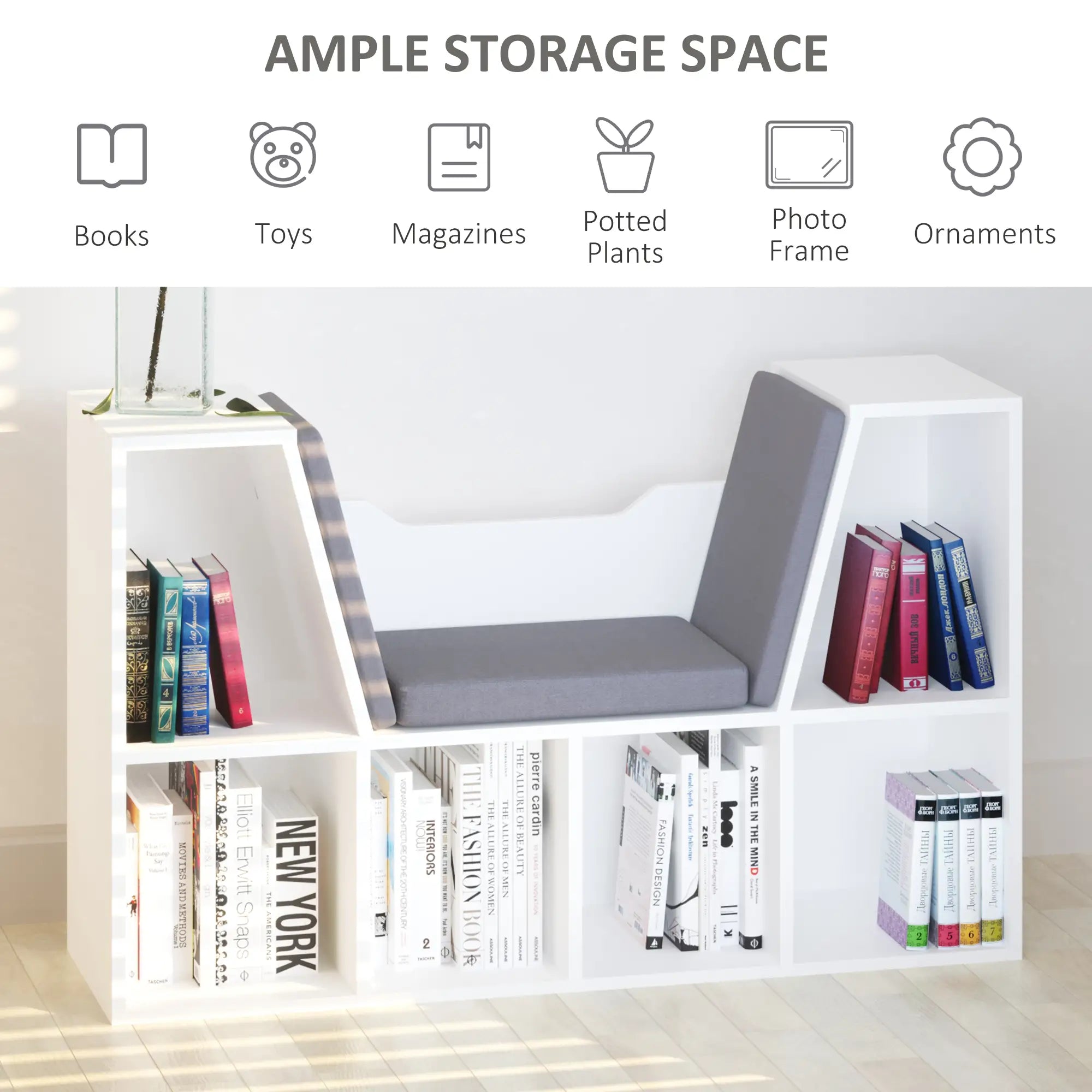 6-Cubby Bookcase with Seat Cushion, Cube Storage Shelf, Grey Small Bookshelves at Gallery Canada