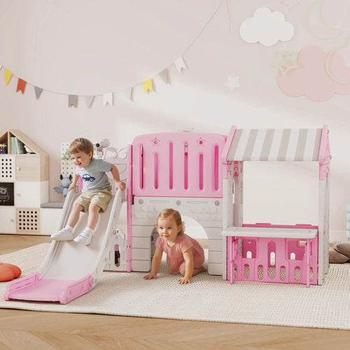 7-in-1 Toddler Slide Climber Playset with Playhouse and Basketball Hoop, Pink