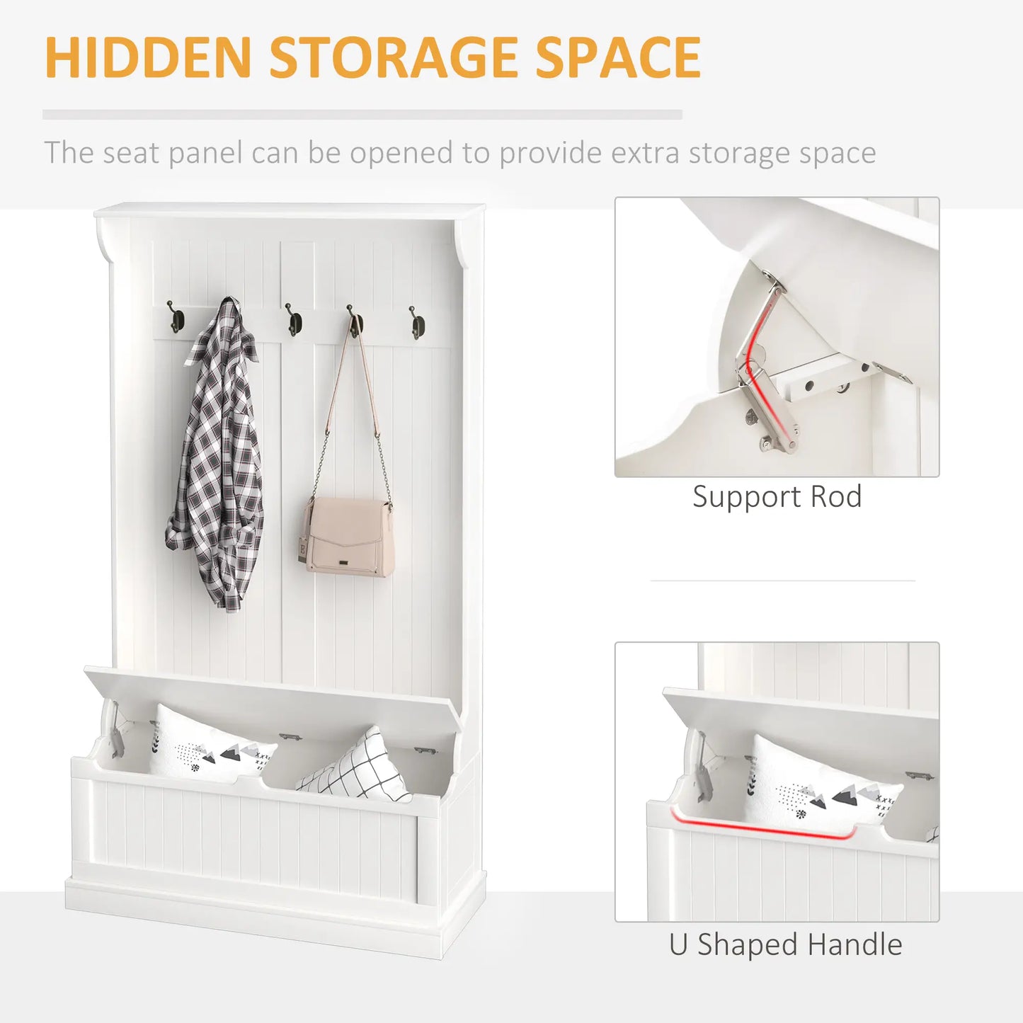 3-In-1 Hall Tree, Coat Rack, Shoe Storage, Bench Seat, White
