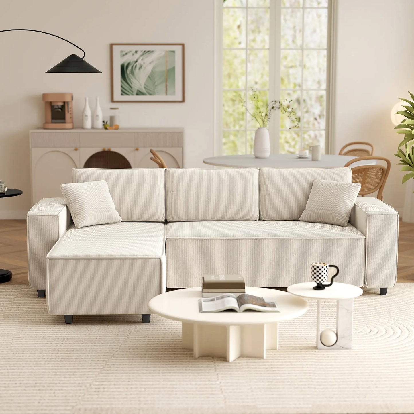 Corner Sofa, L-Shaped Sectional, Corduroy, Pocket Spring, Cream White Sofas & Reclining Chairs at Gallery Canada