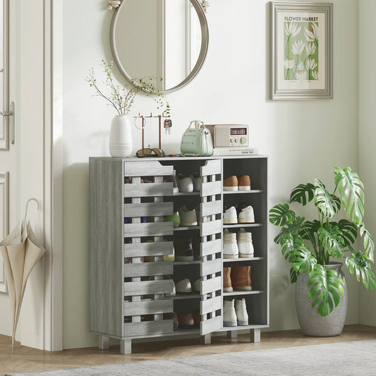 21 Pair Shoe Cabinet, 5-Tier Double Door, Light Grey Shoe Storage Cabinets & Racks Distressed Light Grey at Gallery Canada