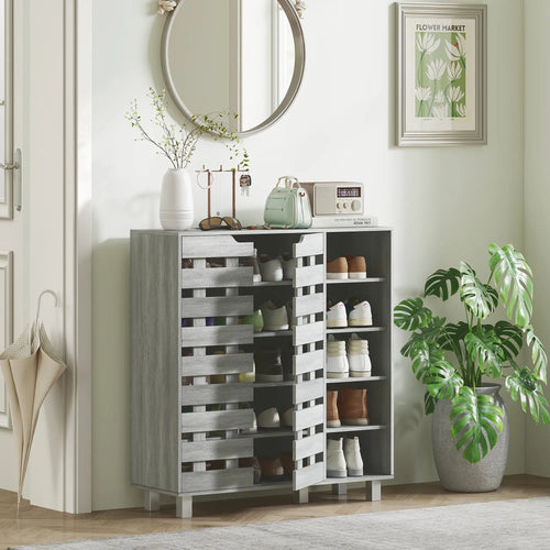 21 Pair Shoe Cabinet, 5-Tier Double Door, Light Grey