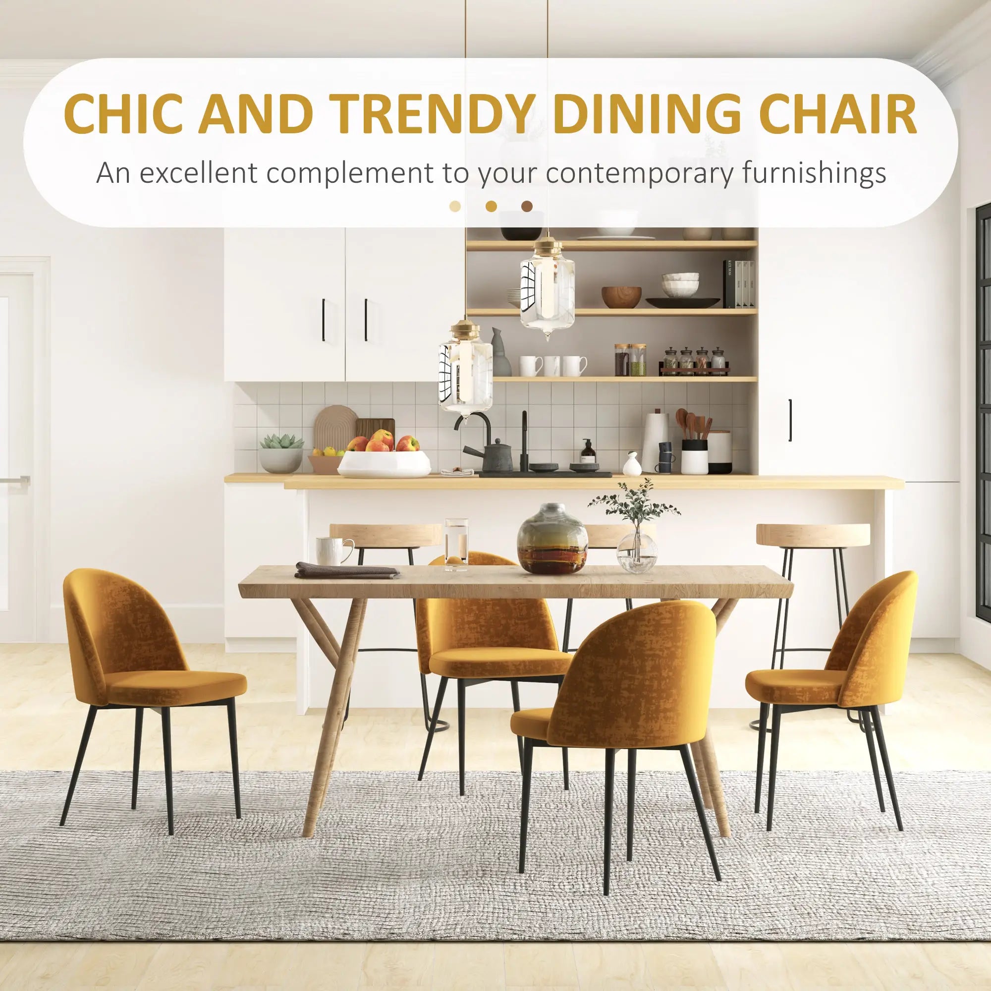 Modern Dining Chairs, Mid-Back Velvet Upholstery, Set of 4, Yellow Dining Chairs at Gallery Canada