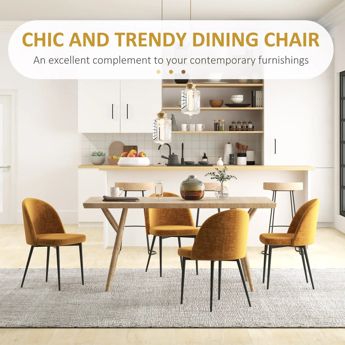 Modern Dining Chairs, Mid-Back Velvet Upholstery, Set of 4, Yellow Dining Chairs at Gallery Canada