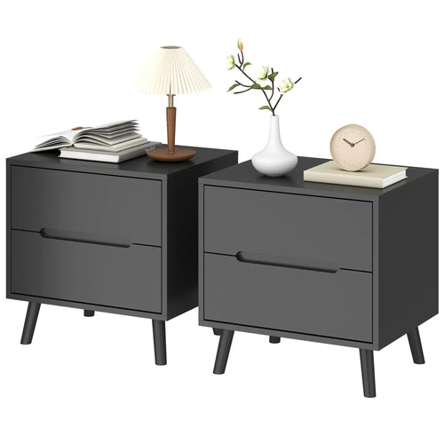 Modern Nightstands Set Of 2, 2 Drawers, Solid Wood Legs, Black