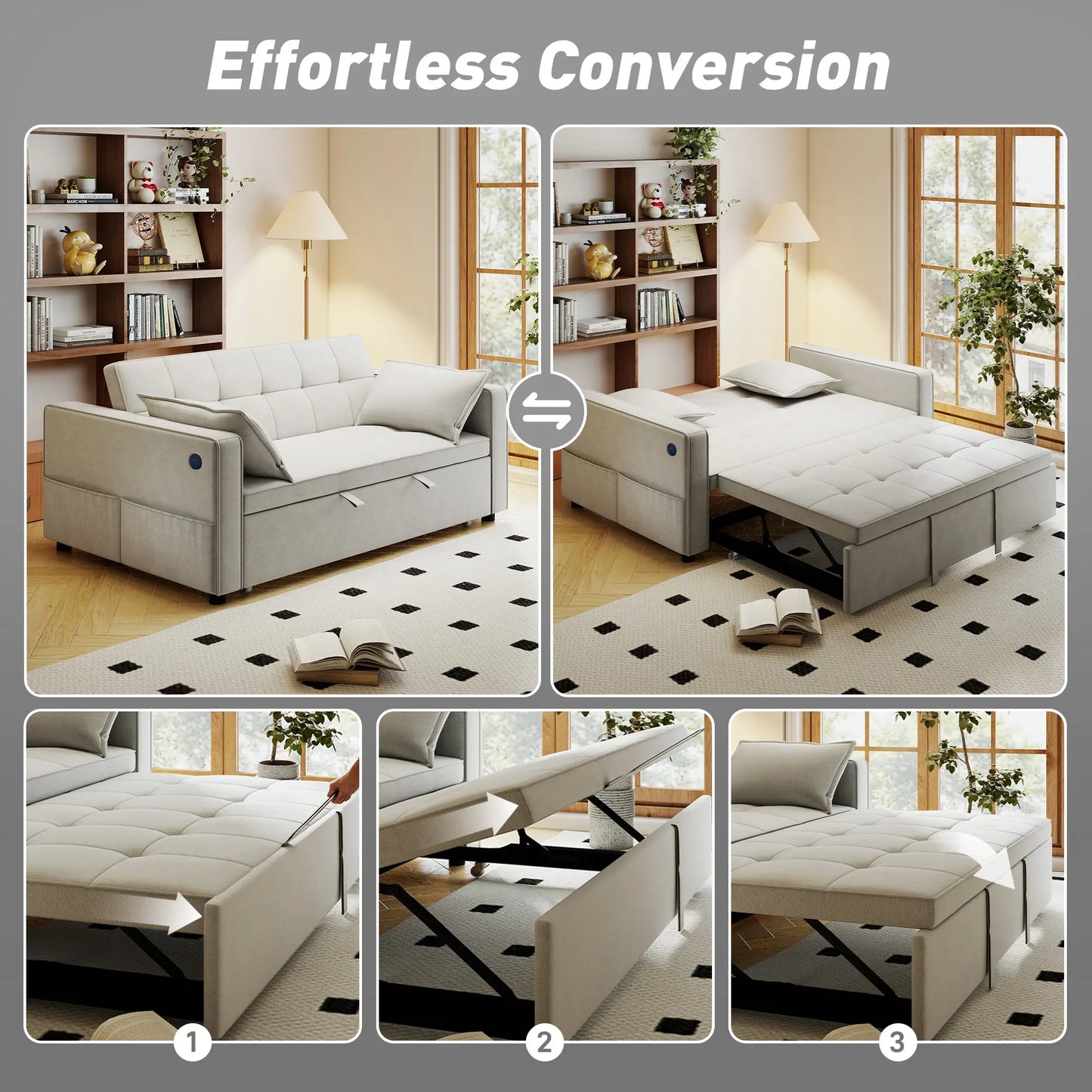3-In-1 Convertible Sofa Bed, Pull Out Sleeper, Adjustable Backrest, Beige 2-Seater Sofas at Gallery Canada