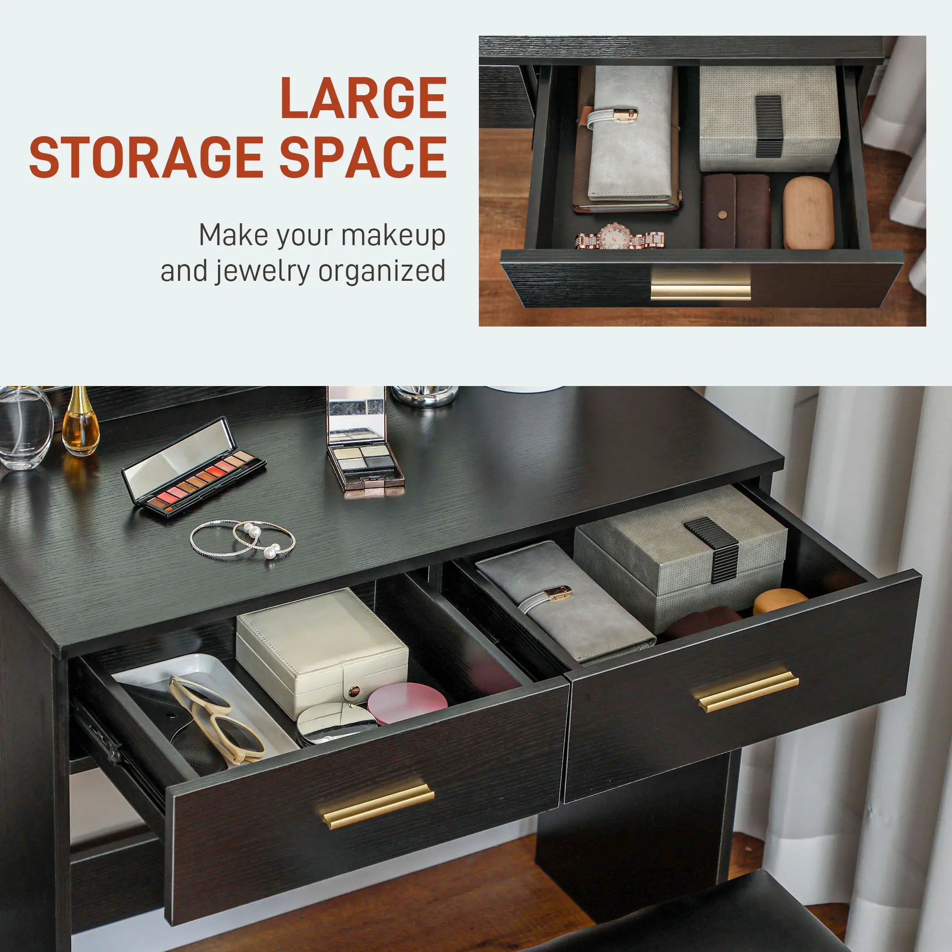 Makeup Vanity Desk Set with Stool, LED Mirror, Drawers, Black Dressing & Vanity Tables at Gallery Canada