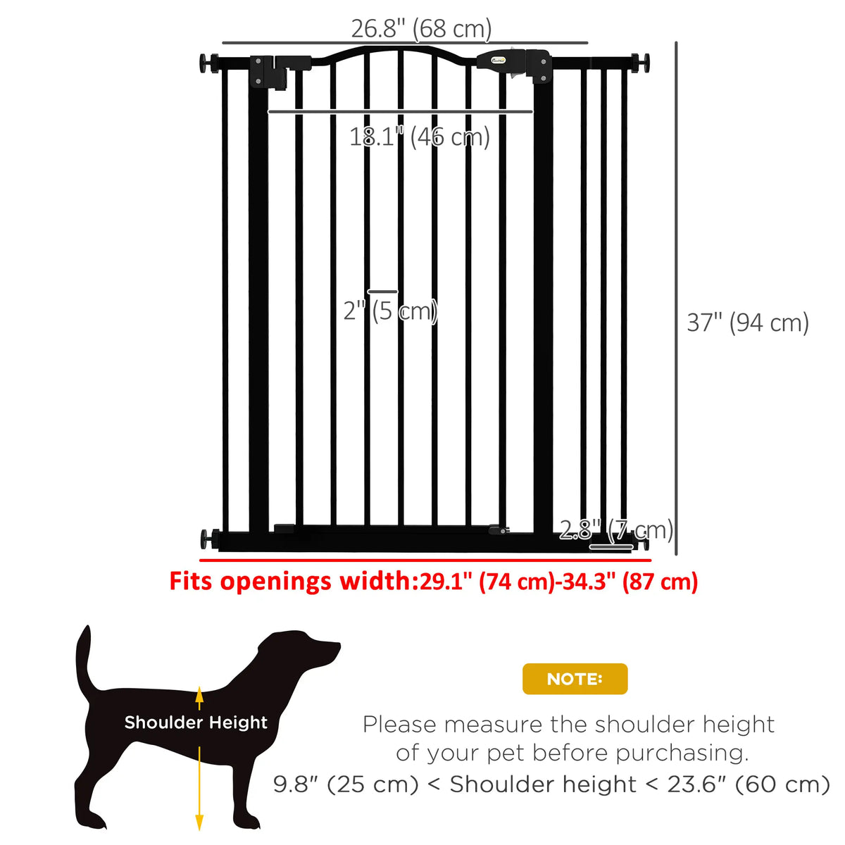 Barrière pour chien extra haute avec porte, ajustement par pression, fermeture automatique, 29-34 pouces, noir