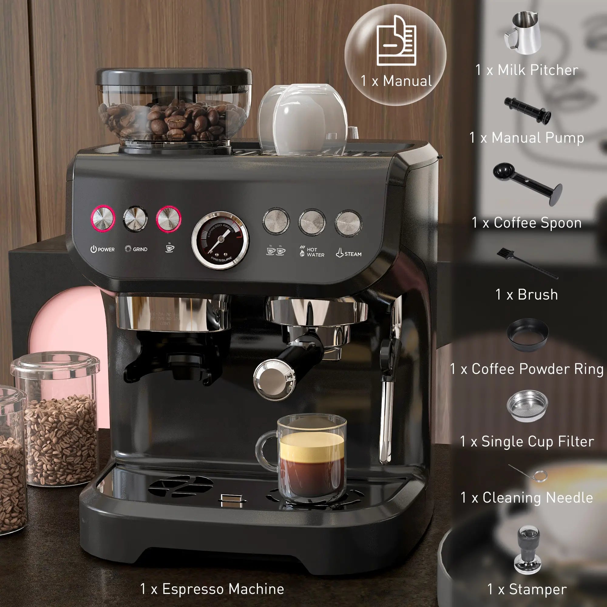 15 Bar Espresso Machine With Milk Frother & Grinder Small Kitchen Appliances at Gallery Canada