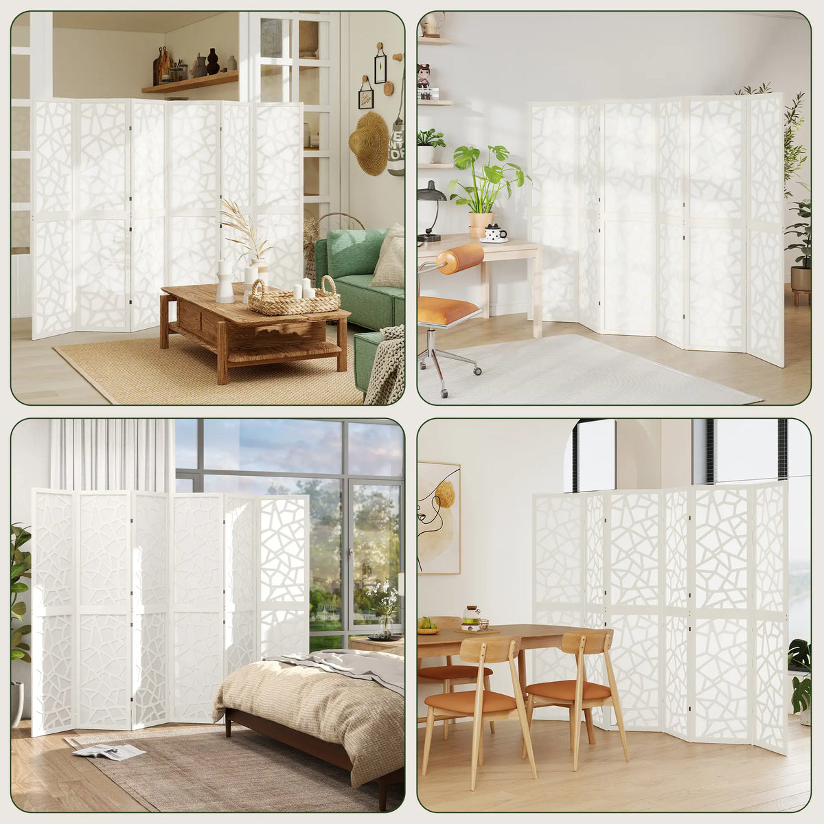 6 Panel Room Divider, 5.6 FT, Geometric Pattern Privacy Screen, White Room Dividers at Gallery Canada