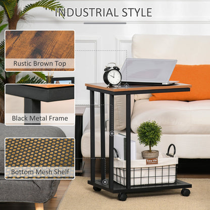 Mobile Sofa Side Table, C Shaped End Table Couch Table with Metal Mesh Shelf, Rolling Castors for Living Room, Bedroom, Rustic Brown - Gallery Canada