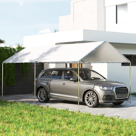 10' x 20' Heavy Duty Galvanized Carport Canopy, Anchor Kit, White Car Shelters Silver Frame, White Cloth at Gallery Canada