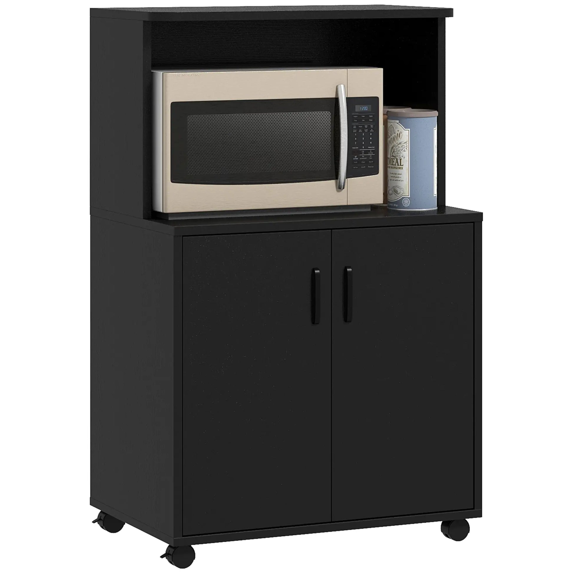 Microwave Cart on Wheels, 2-Door Cabinet, Black Wood Grain, Black Kitchen Pantry Cabinets at Gallery Canada