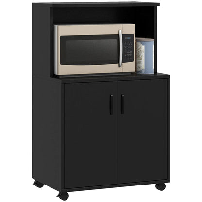Microwave Cart on Wheels, 2-Door Cabinet, Black Wood Grain, Black Kitchen Pantry Cabinets at Gallery Canada