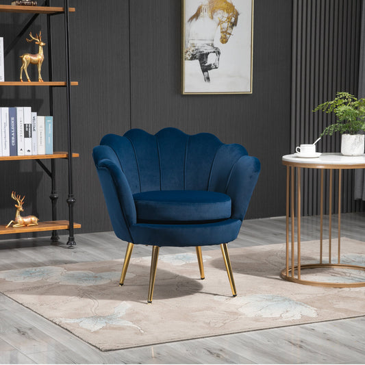 Modern Accent Chair, Velvet-Touch Fabric Leisure Club Chair with Gold Metal Legs for Bedroom, Blue - Gallery Canada