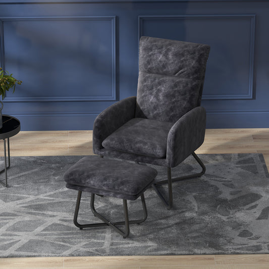 Modern Accent Chair with Ottoman, Upholstered Armchair with Footrest, Cross Metal Legs and Padded Cushion for Living Room, Bedroom, Dark Grey - Gallery Canada