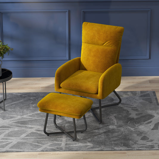 Modern Accent Chair with Ottoman, Upholstered Armchair with Footrest, Cross Metal Legs and Padded Cushion for Living Room, Bedroom, Yellow - Gallery Canada