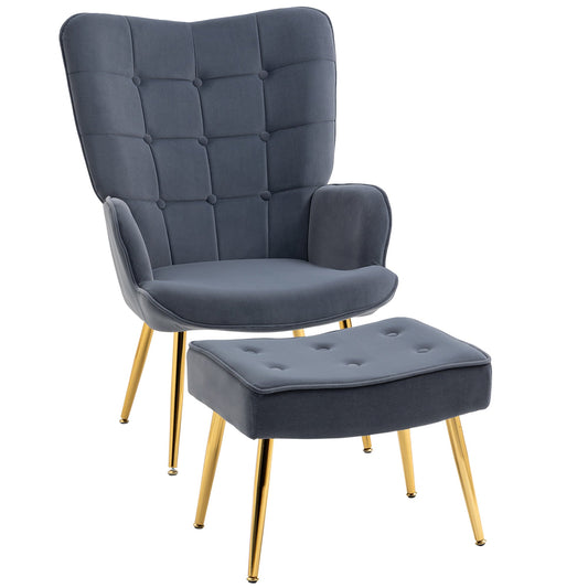 Modern Accent Chair with Ottoman, Upholstered Armchair with Footrest, Gold Metal Legs for Living Room, Bedroom, Dark Grey - Gallery Canada