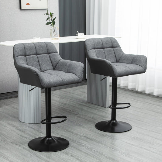 Modern Adjustable Bar Stools Set of 2, Swivel Tufted Fabric Barstools with Footrest, Armrests and PU Leather Back, for Kitchen Counter and Dining Room, Grey - Gallery Canada