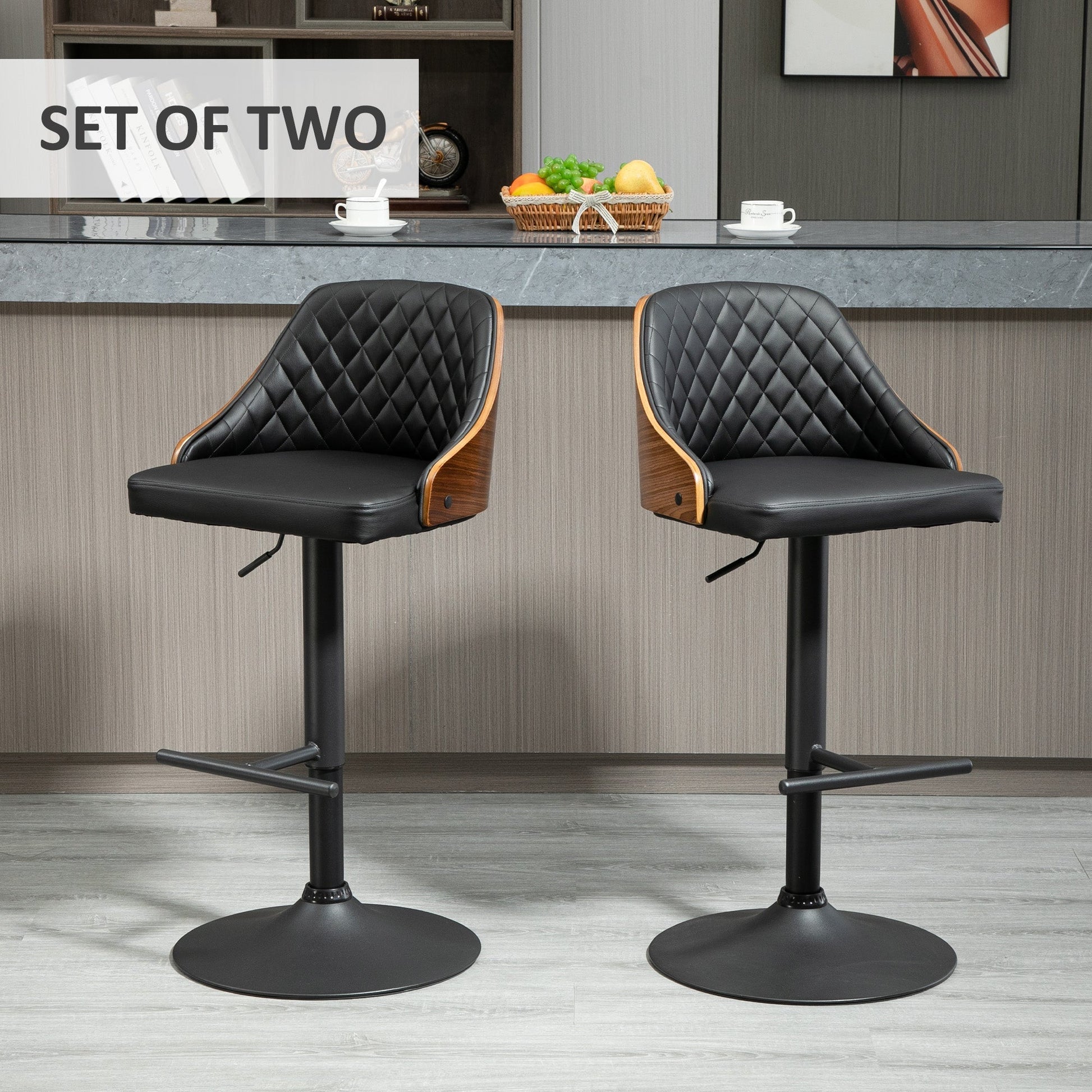 Modern Bar Stools PU Leather Set of 2 Swivel Bar Height Barstools Chairs with Adjustable Height, Round Heavy Metal Base and Footrest, Black - Gallery Canada