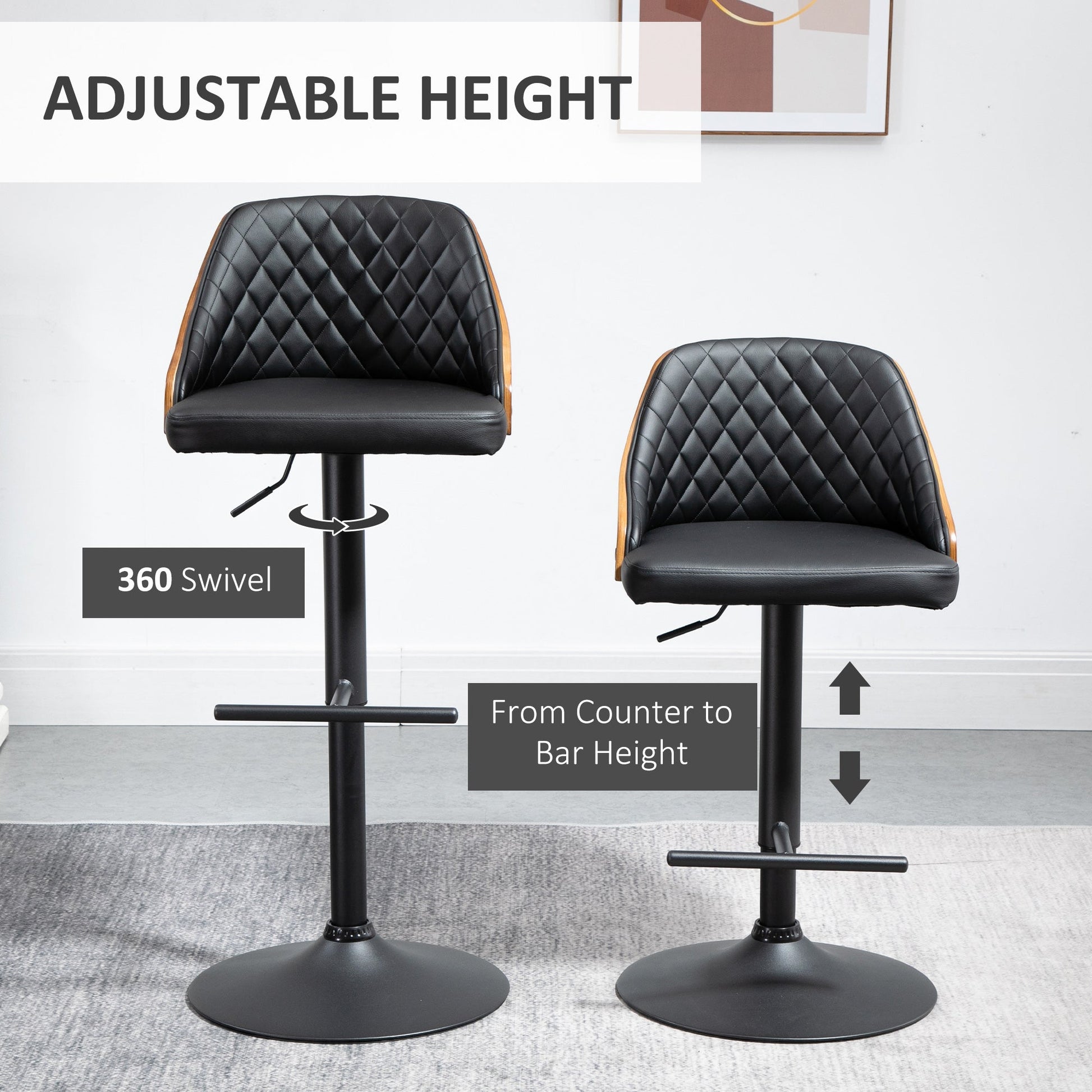 Modern Bar Stools PU Leather Set of 2 Swivel Bar Height Barstools Chairs with Adjustable Height, Round Heavy Metal Base and Footrest, Black - Gallery Canada