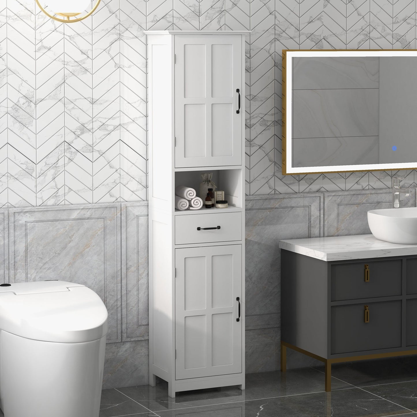 Modern Bathroom Cabinet, Narrow Bathroom Vanities with Open Shelf Drawer Recessed Doors and Adjustable Shelves White - Gallery Canada