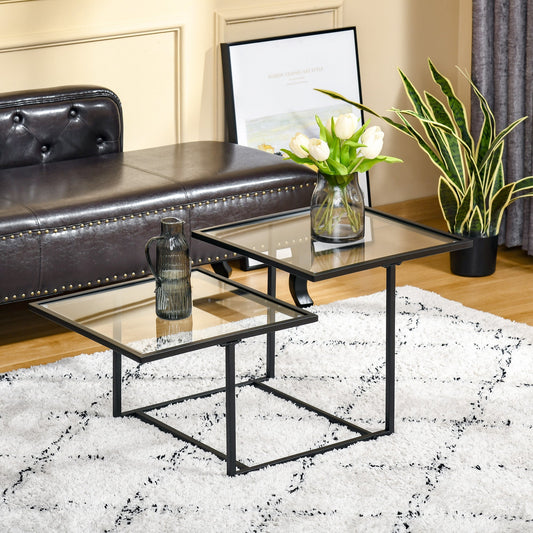 Modern Coffee Table with Tempered Glass Tabletops, 2-Tier Accent Side Table with Metal Frame Adjustable Foot for Living Room, Black - Gallery Canada