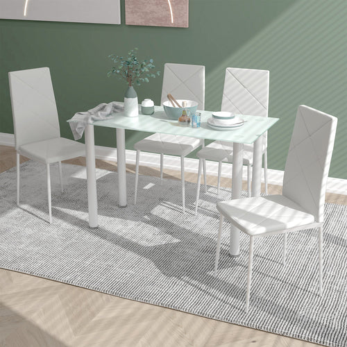 Modern Dining Table Set for 4, Space-Saving 5 Pieces Kitchen Table Set with Rectangle Table and Steel Frame, White