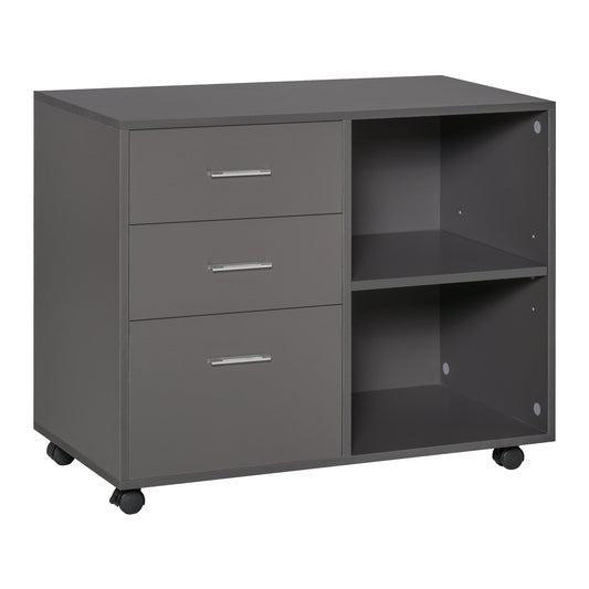 Modern Lateral Filing Cabinet, 3 Drawer File Cabinet, Mobile, Printer Stand with Open Shelves, Rolling Wheels, Grey - Gallery Canada