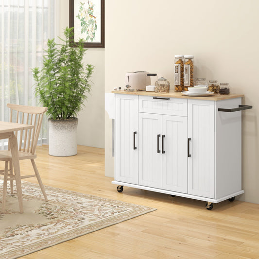 Modern Rolling Kitchen Island Cart with Drawers, Natural Wood Top, Towel Rack, Door Storage Cabinet, White - Gallery Canada
