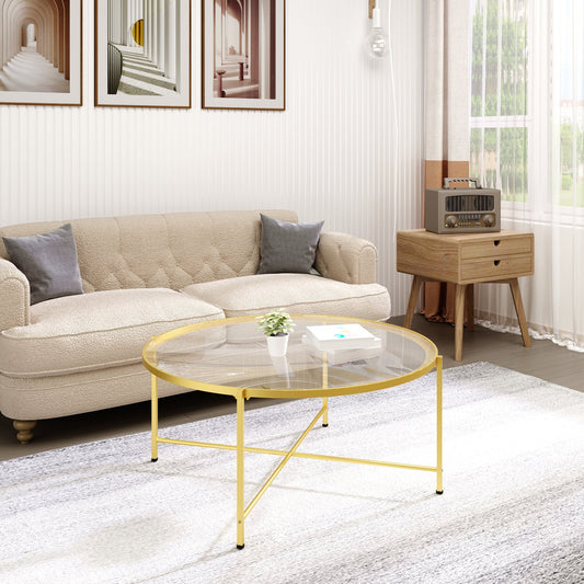 Modern Round Coffee Table with Tempered Glass Tabletop, Accent Side Table, Center Table for Living Room, Gold - Gallery Canada